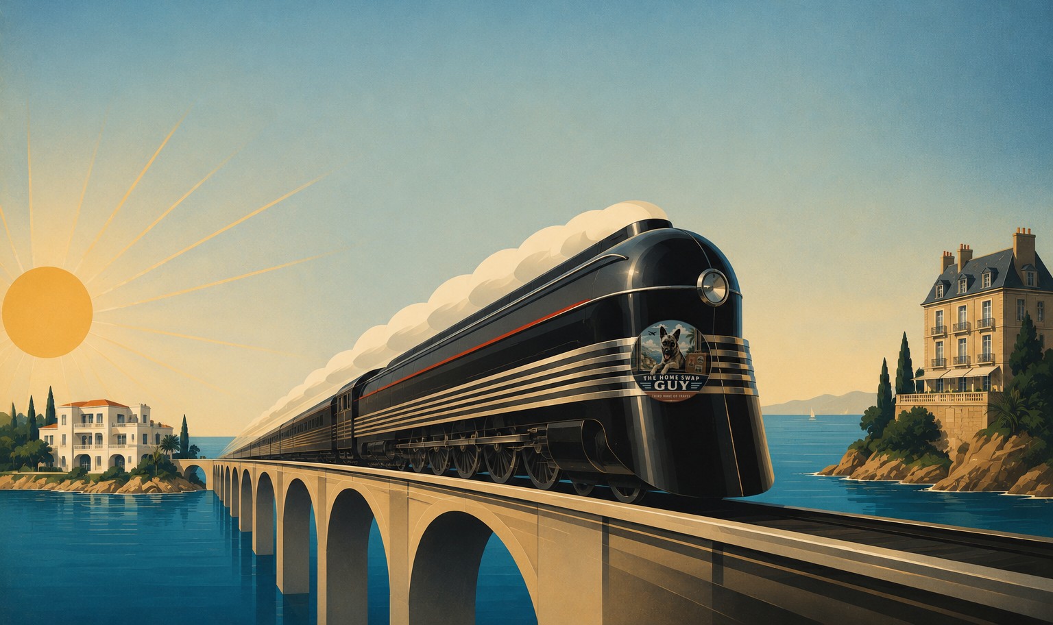 An Art Deco travel poster: Raymond Loewy's streamlined S1 locomotive crossing an ocean bridge between two homes, carrying the Home Swap Guy crest.