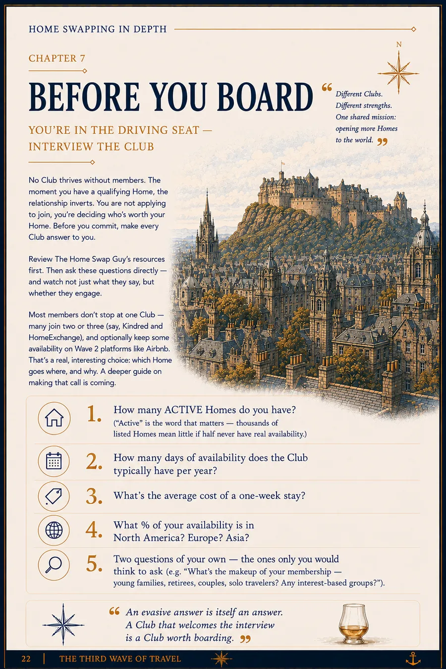BEFORE YOU BOARD — illustrated page from The Home Swap Guy's Home Swapping In Depth guide (page 22 of 30)