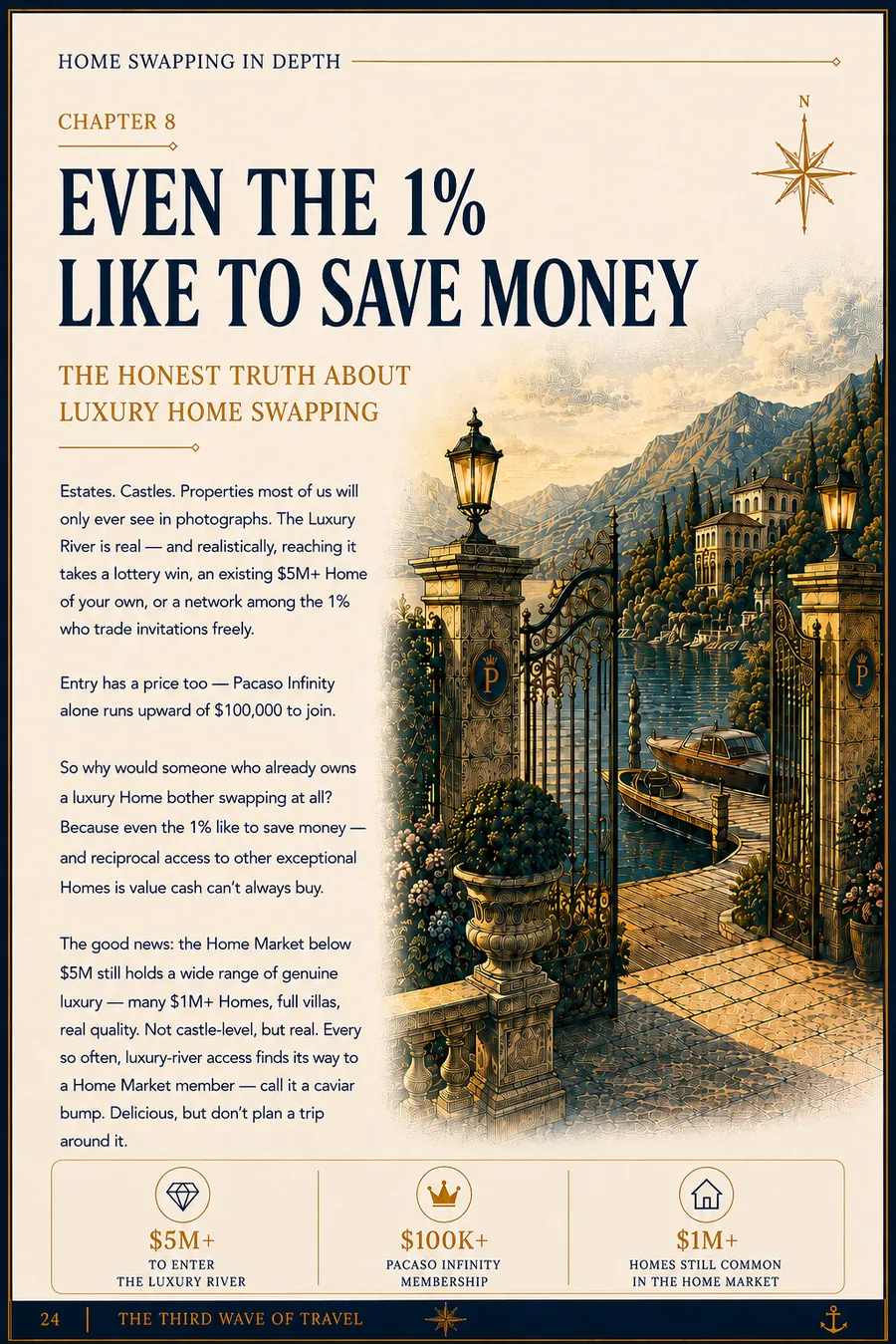 EVEN THE 1% LIKE TO SAVE MONEY — illustrated page from The Home Swap Guy's Home Swapping In Depth guide (page 24 of 30)